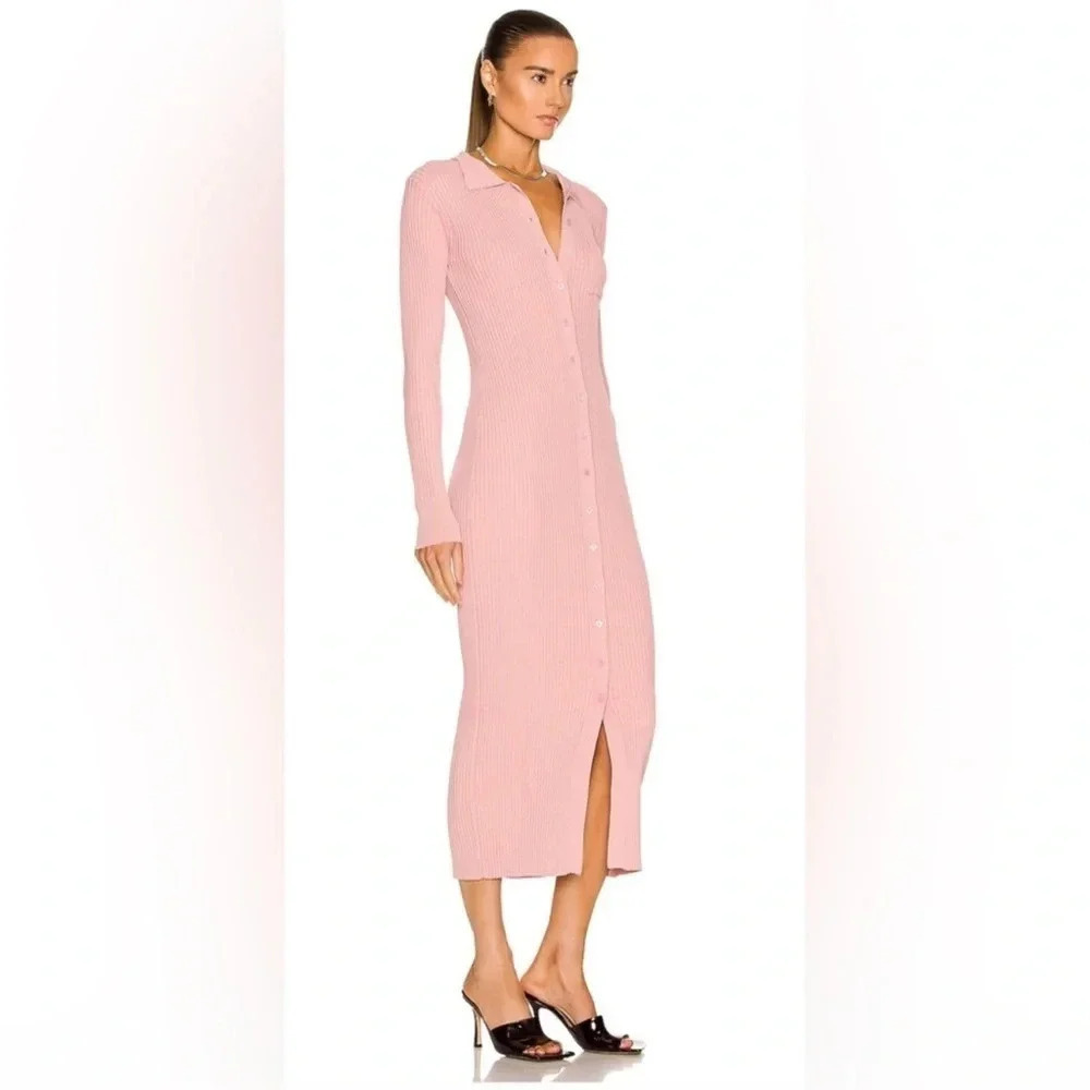 STAUD Napa Ribbed Long Sleeve Midi Dress in Blush NWT size L
